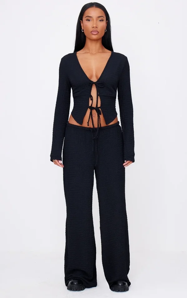 Black Textured Low Rise Wide Leg Pants