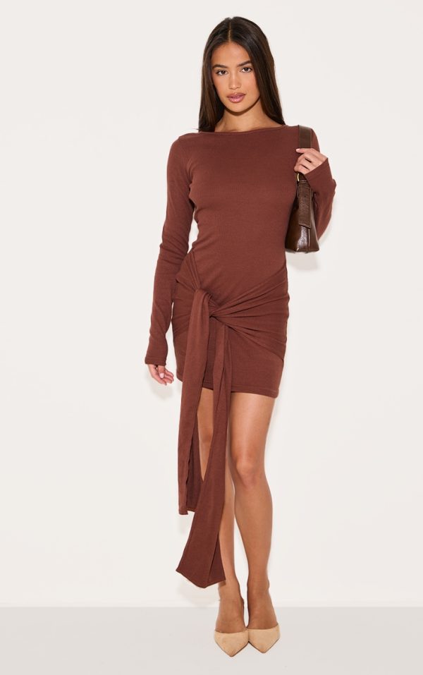 Chocolate Boat Neck Wrap Mini Dress