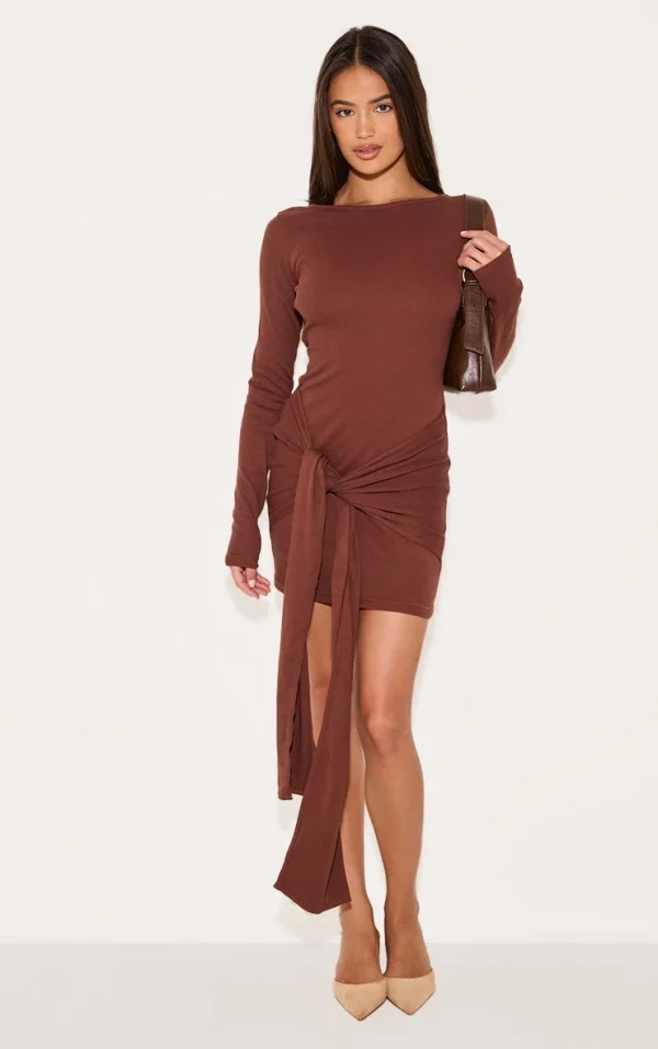 Chocolate Boat Neck Wrap Mini Dress