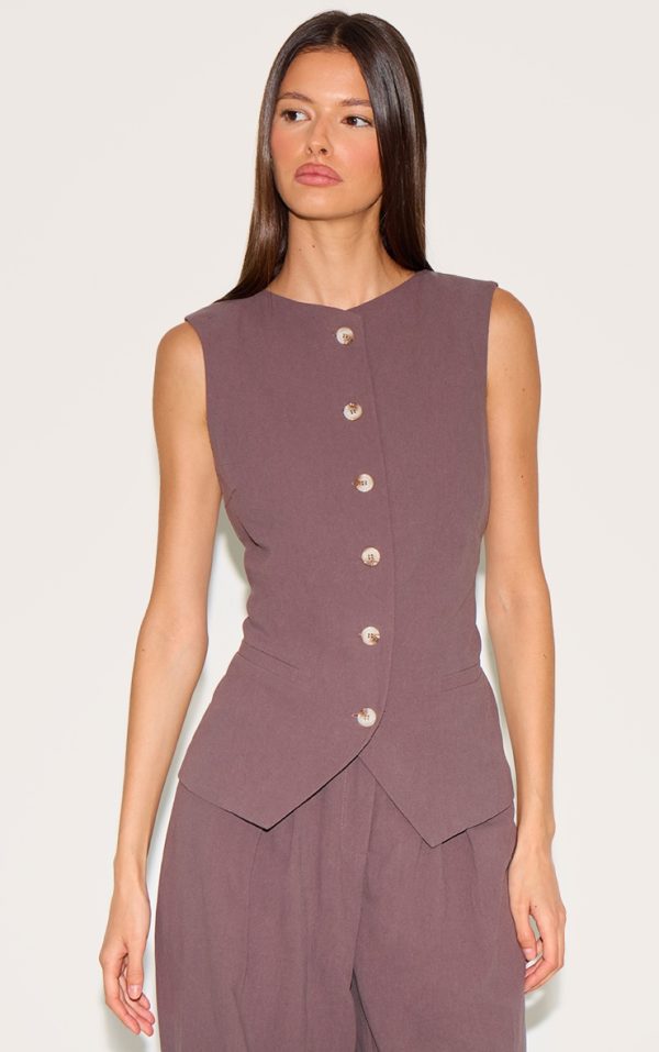 Dark Brown Linen Look Tailored Vest