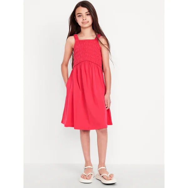 Fit & Flare Sleeveless Smocked Dress for Girls - Red