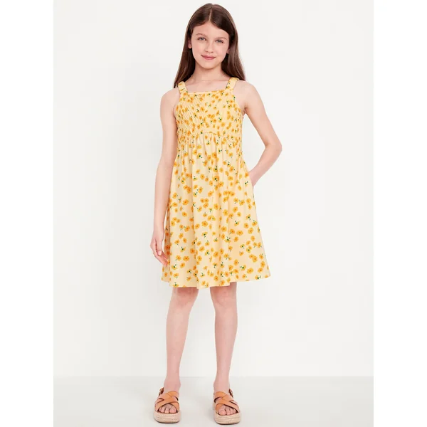 Fit & Flare Sleeveless Smocked Dress for Girls - Yellow Floral
