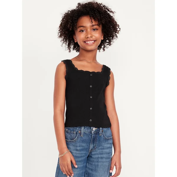 Fitted Button-Front Ribbed Tank Top for Girls - Black Jack