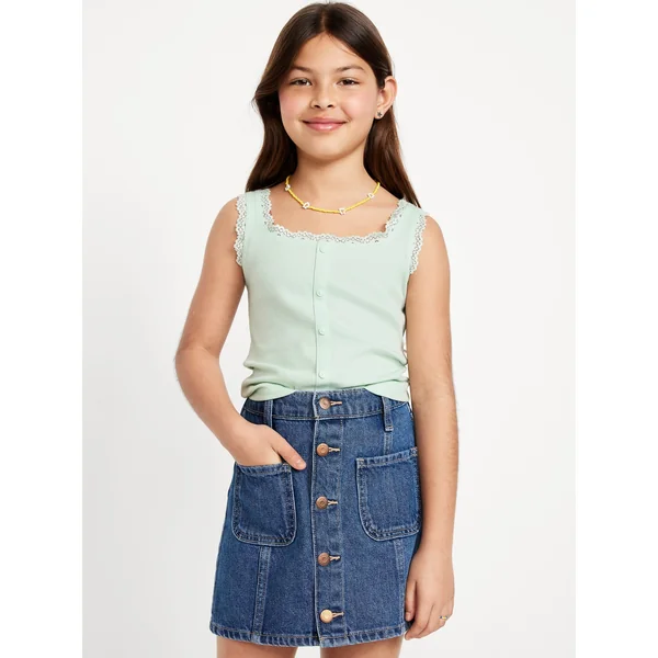 Fitted Button-Front Ribbed Tank Top for Girls - Mint Green