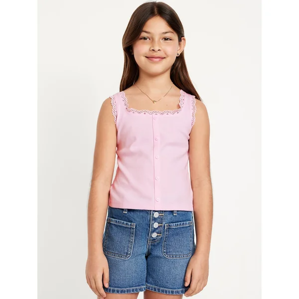 Fitted Button-Front Ribbed Tank Top for Girls - Oleander