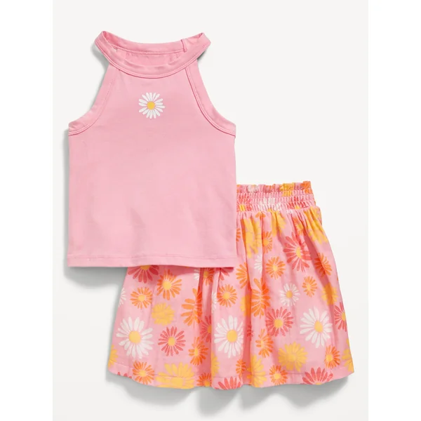 Fitted Halter Graphic Tank and Skort Set for Toddler Girls - Pink Daisy