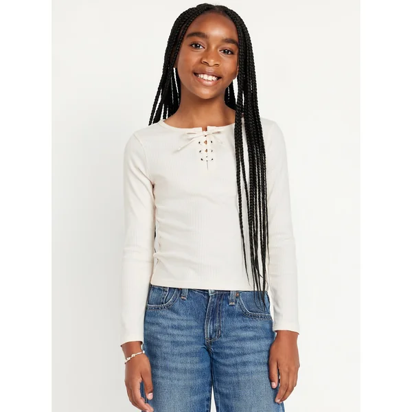 Fitted Long-Sleeve Lace-Up Top for Girls - Creme De La Creme