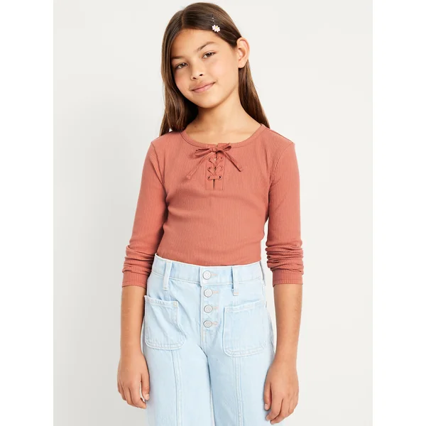 Fitted Long-Sleeve Ribbed Lace-Up Top for Girls - AMBERGLOW
