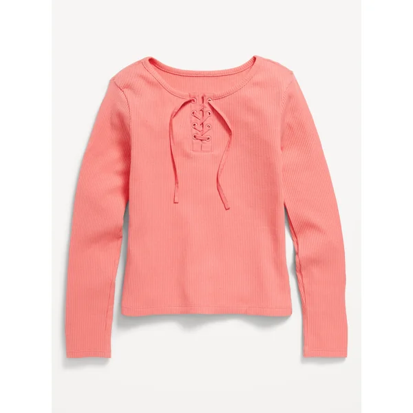 Fitted Long-Sleeve Ribbed Lace-Up Top for Girls - LOTUS PETAL