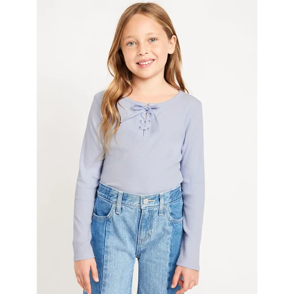 Fitted Long-Sleeve Ribbed Lace-Up Top for Girls - ORCHID TINT
