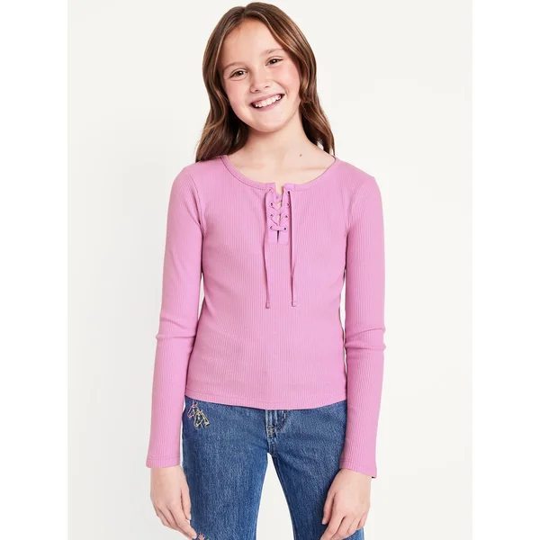 Fitted Long-Sleeve Ribbed Lace-Up Top for Girls - ROCK ROSE