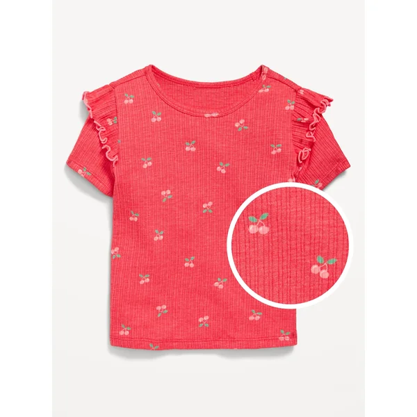 Fitted Printed Ruffle-Trim Rib-Knit Top for Toddler Girls - Cherry