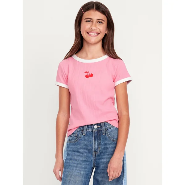 Fitted Ribbed Graphic T-Shirt for Girls - Anemone Pink