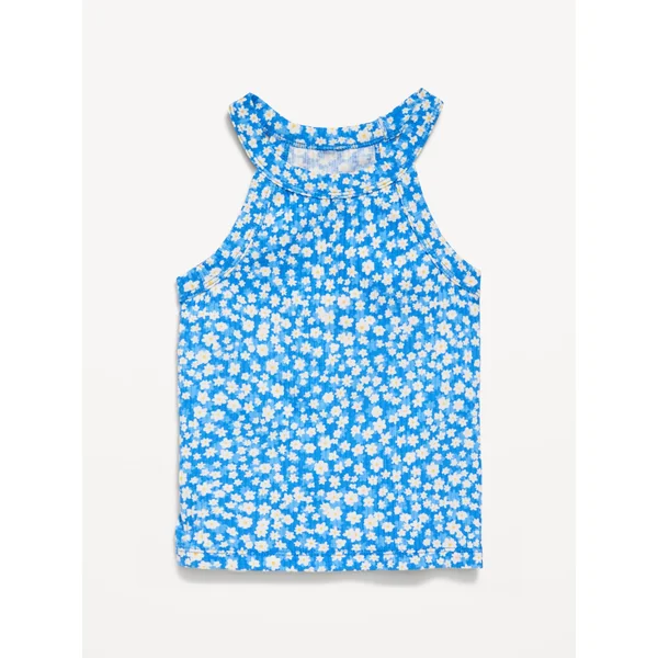 Fitted Ribbed Halter Tank Top for Toddler Girls - Blue Daisy