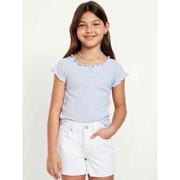 Fitted Ribbed Ruffle-Trim Top for Girls - Contrail