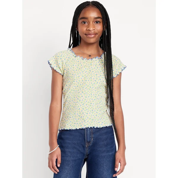Fitted Ribbed Ruffle-Trim Top for Girls - Cool Almond