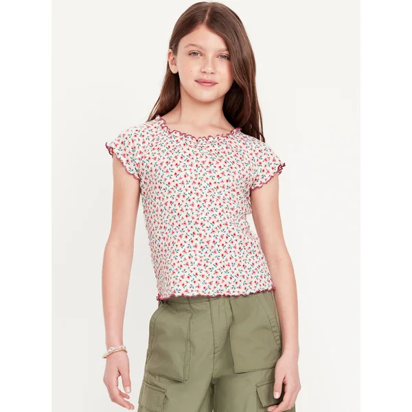 Fitted Ribbed Ruffle-Trim Top for Girls - Creme De La Creme