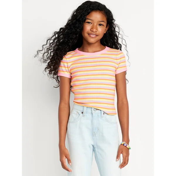 Fitted Short-Sleeve Ribbed T-Shirt for Girls - Multi Stripe