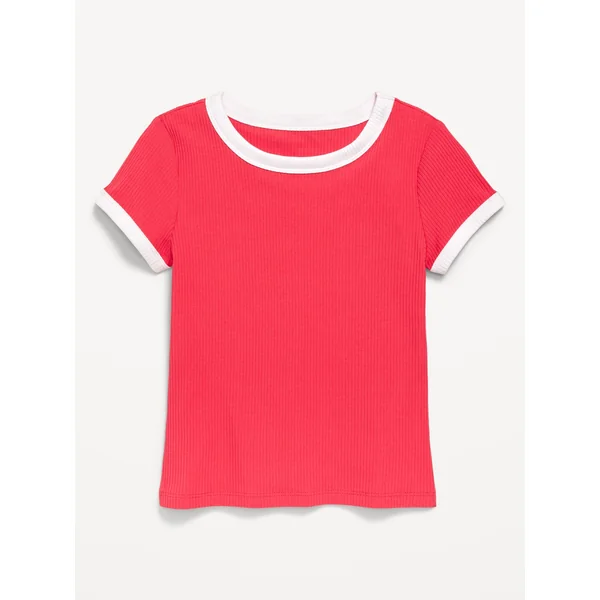 Fitted Short-Sleeve Ribbed T-Shirt for Girls - Pink