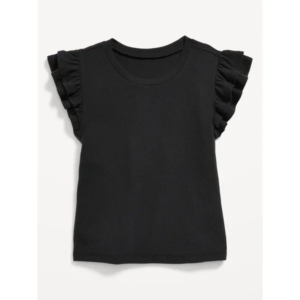 Fitted Short-Sleeve Ruffle-Trim Ribbed Top for Girls - Black Jack