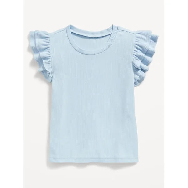 Fitted Short-Sleeve Ruffle-Trim Ribbed Top for Girls - Cashmere Blue