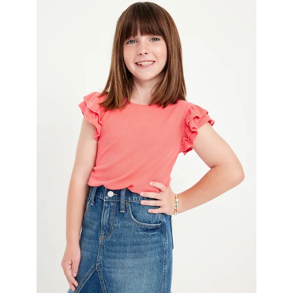 Fitted Short-Sleeve Ruffle-Trim Ribbed Top for Girls - Coral Tropics