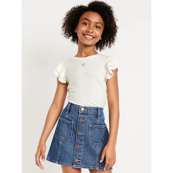 Fitted Short-Sleeve Ruffle-Trim Ribbed Top for Girls - Creme De La Creme