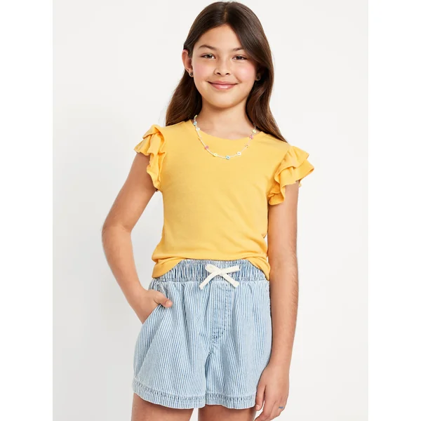 Fitted Short-Sleeve Ruffle-Trim Ribbed Top for Girls - Golden Aura