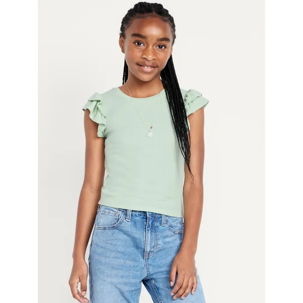 Fitted Short-Sleeve Ruffle-Trim Ribbed Top for Girls - Mint Mist