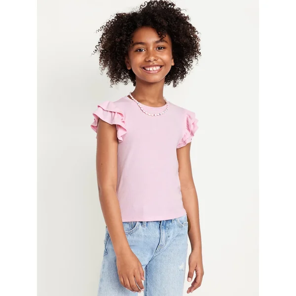 Fitted Short-Sleeve Ruffle-Trim Ribbed Top for Girls - Oleander