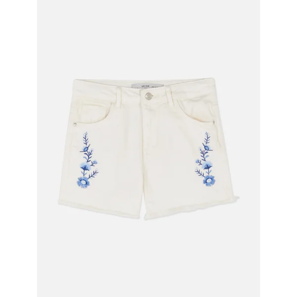 Floral Embroidered Denim Shorts - White