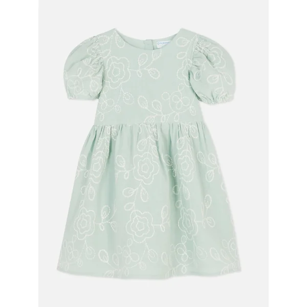 Floral Embroidered Puffed Sleeve Dress - Mint