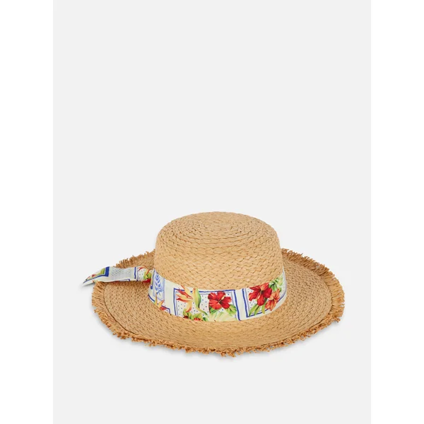 Floral Frayed Straw Hat - Natural