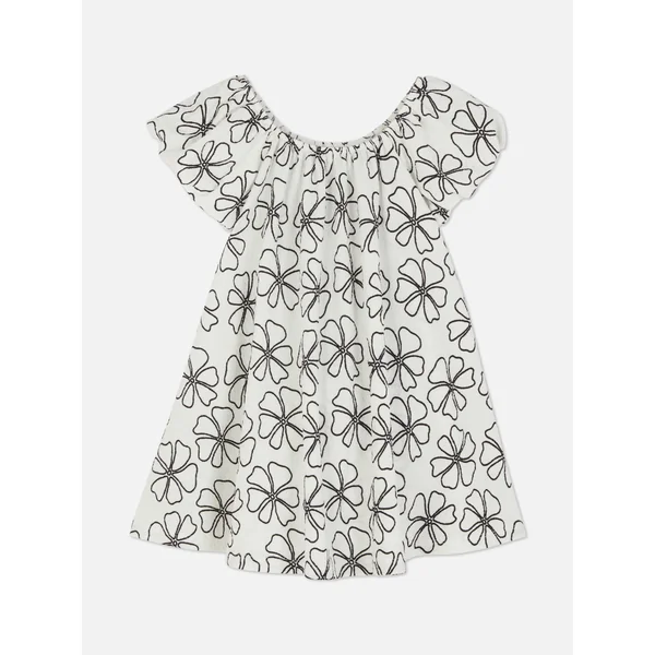 Floral Puffed Sleeve Dress - White/Black