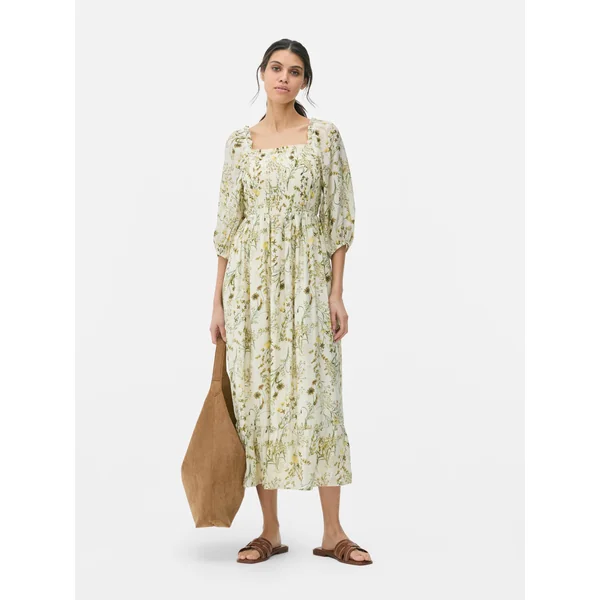 Floral Shirred Maxi Dress - Green