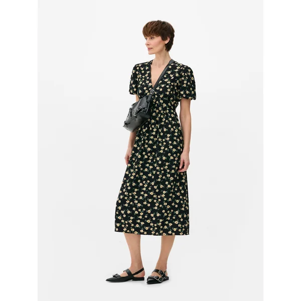 Floral V-Neck Midi Dress - Black