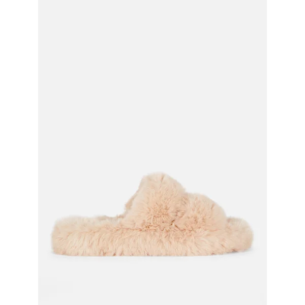 Fluffy Double Strap Slippers - Beige