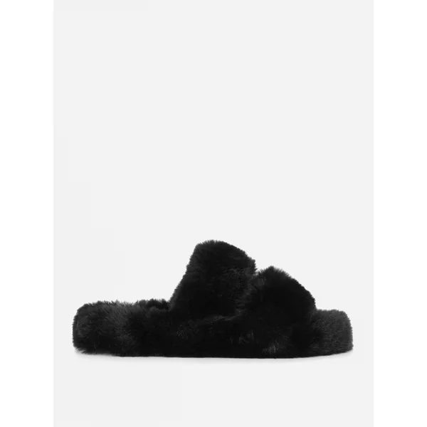 Fluffy Double Strap Slippers - Black