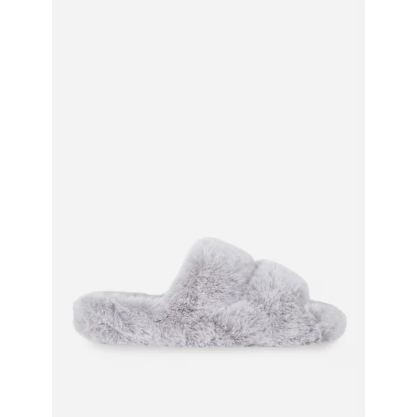 Fluffy Double Strap Slippers - Gray