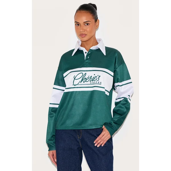 Forest Green Striped Graphic Varsity Collared Sweatshirt