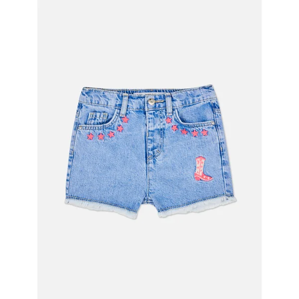 Frayed Hem Embroidered Denim Shorts - Light Blue