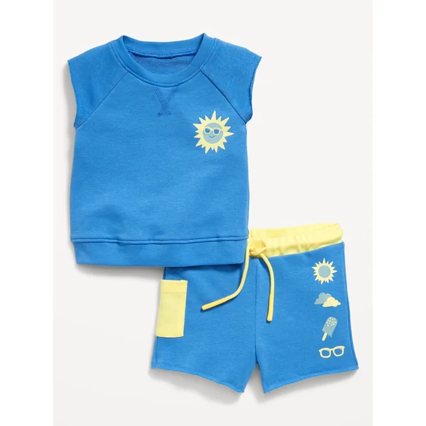 French-Terry Cut-Off Sweatshirt and Shorts Set for Baby - Cornflower Blue