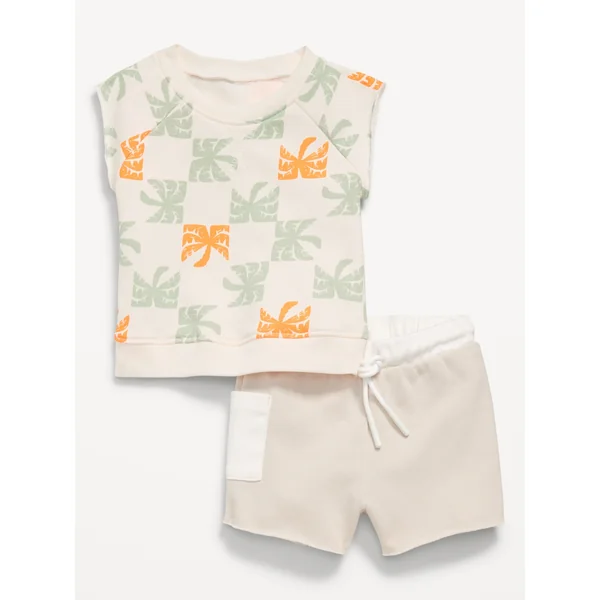 French-Terry Cut-Off Sweatshirt and Shorts Set for Baby - Palm Tree