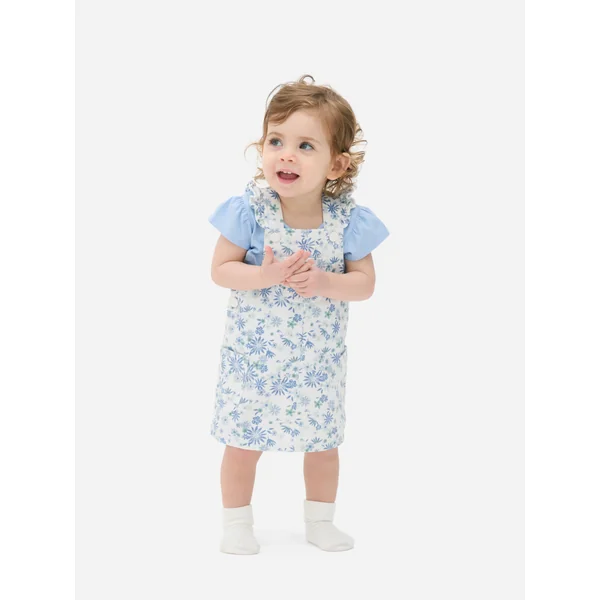 Frilly T-Shirt and Floral Pinafore Dress Set - Mid Blue