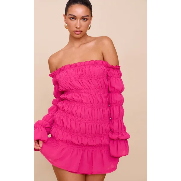 Fuchsia Chiffon Bardot Long Sleeve Ruched Bodycon Dress