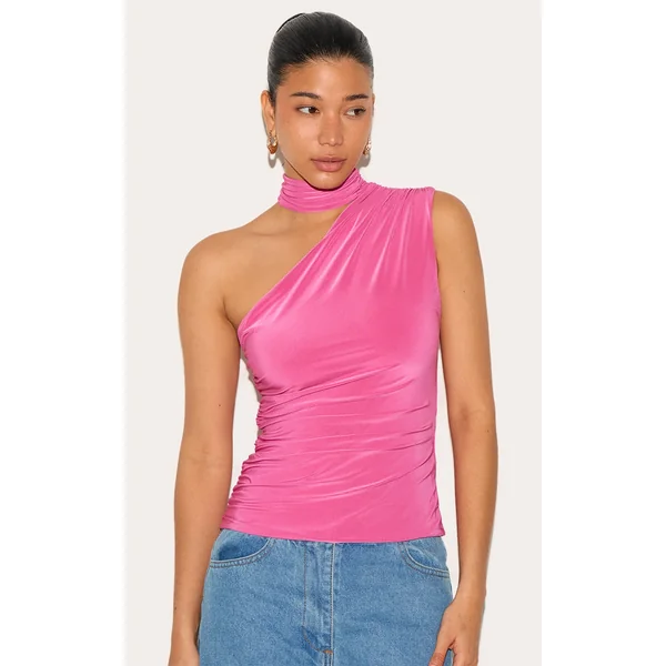 Fuchsia Double Layer Neck Detail Ruched Detail Long Top