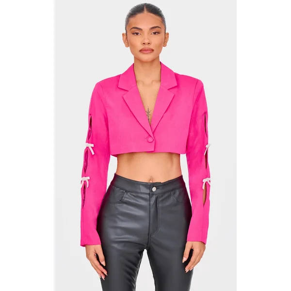 Fuchsia Rhinestone Bow Detail Cropped Blazer
