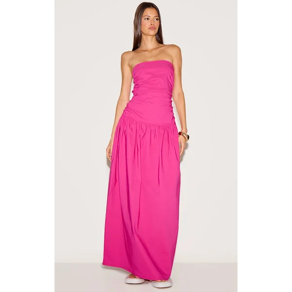 Fuchsia Stretch Woven Bandeau Ruched Maxi Dress