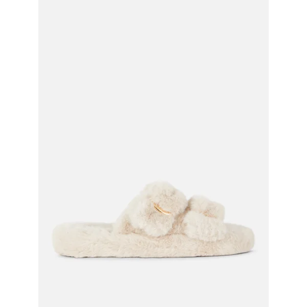 Fur Strap Slippers - White/Taupe