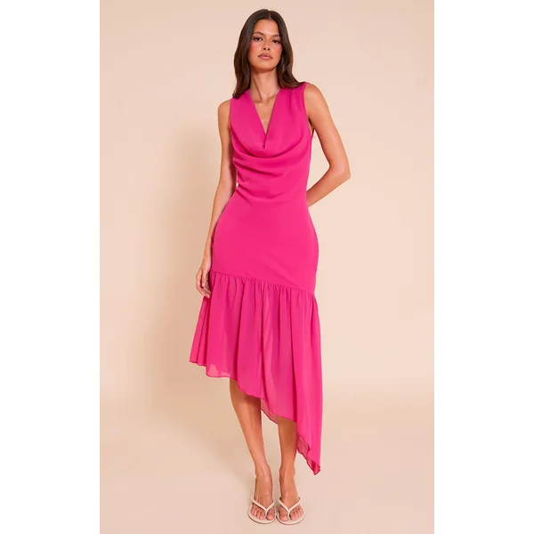 Fuschia Chiffon Drape Detail Asymmetric Midaxi Dress